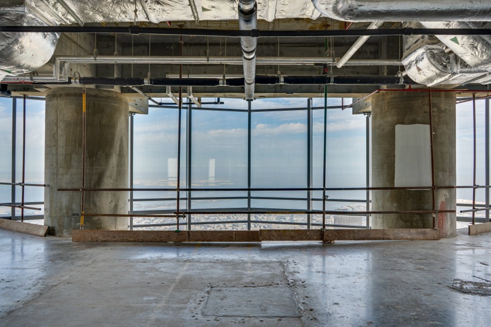 Unfinished penthouse interior in the Burj Khalifa, overlooking Dubai.