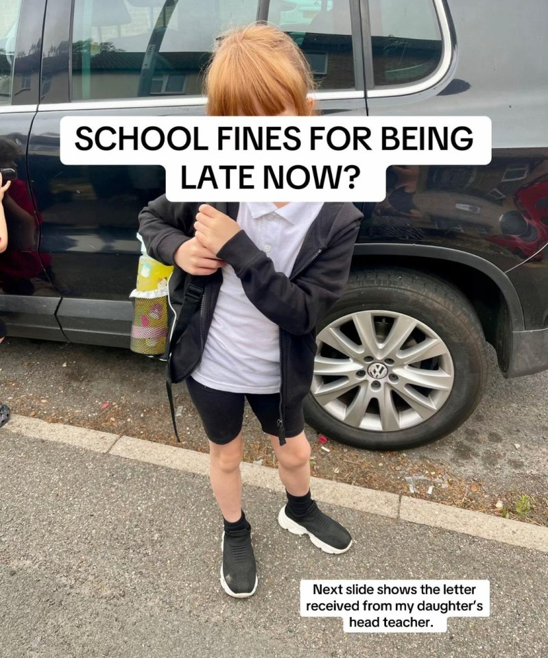 Schoolgirl near car; text asks about school fines for being late.