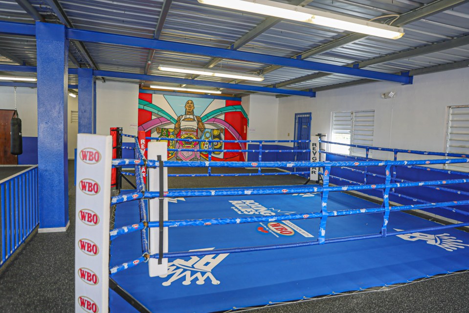 Boxing ring with mural of female boxer.