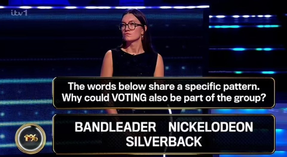 Screenshot of The 1% Club game show question: "The words below share a specific pattern. Why could VOTING also be part of the group?"  Words listed: BANDLEADER, NICKELODEON, SILVERBACK.