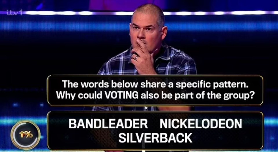 "The 1% Club" quiz question: Why could "VOTING" be included with "BANDLEADER," "NICKELODEON," and "SILVERBACK"?