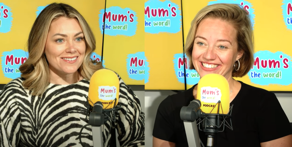 Two women recording a podcast.