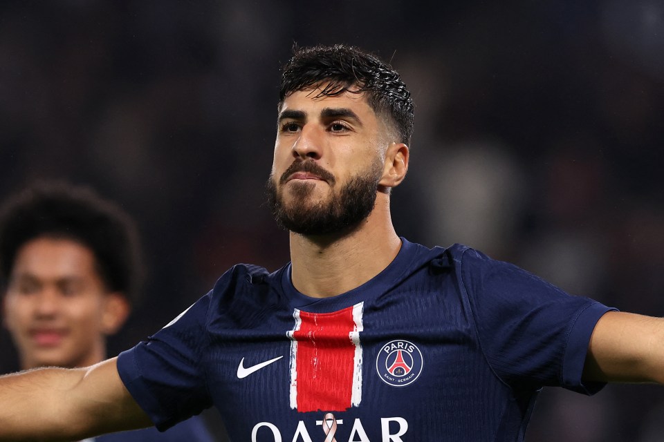 Marco Asensio of Paris Saint-Germain celebrating a goal.