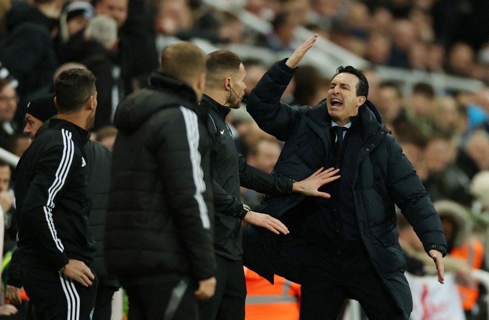 Aston Villa manager Unai Emery arguing with Newcastle United assistant manager.