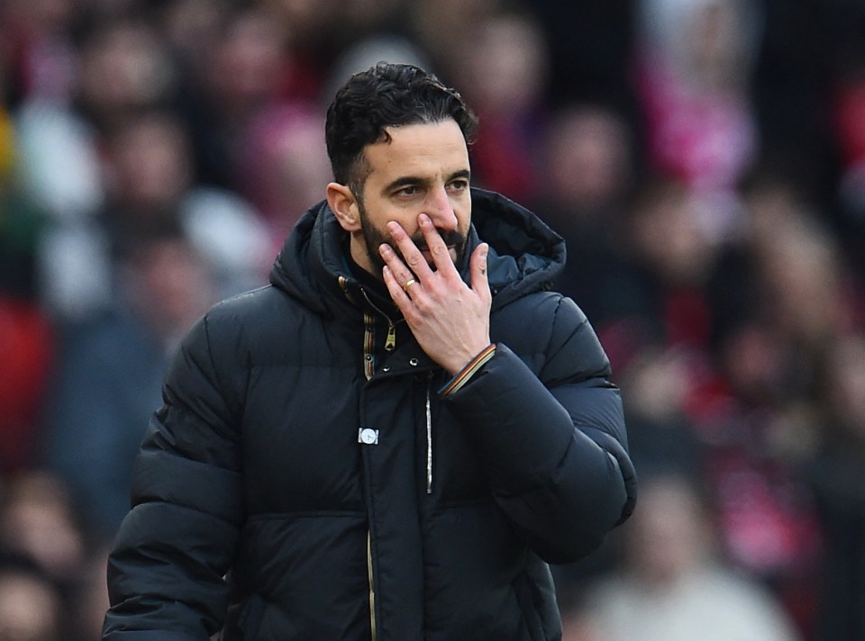 Ruben Amorim, Manchester United manager, reacts during a soccer match.