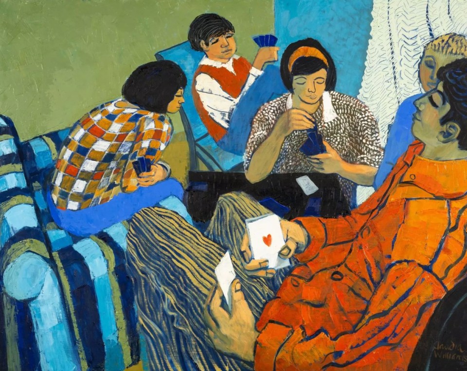 Painting of four people playing cards.