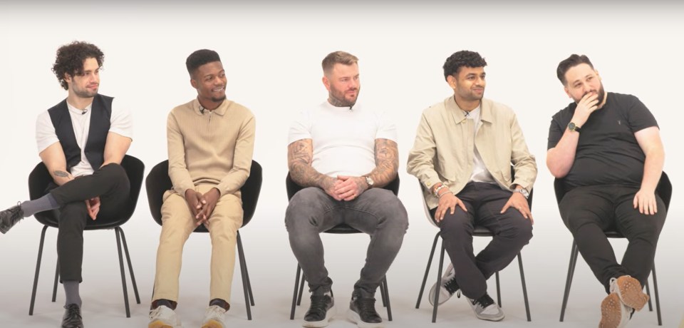 Screenshot of five men sitting in chairs, participating in a "Cosmic Coupling: Zodiac Speed Dating" video.