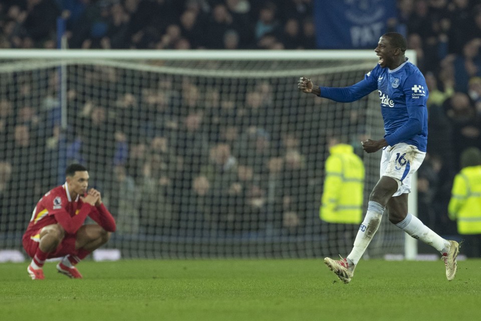 Abdoulaye Doucoure #16 of Everton F.C. celebrates a goal.