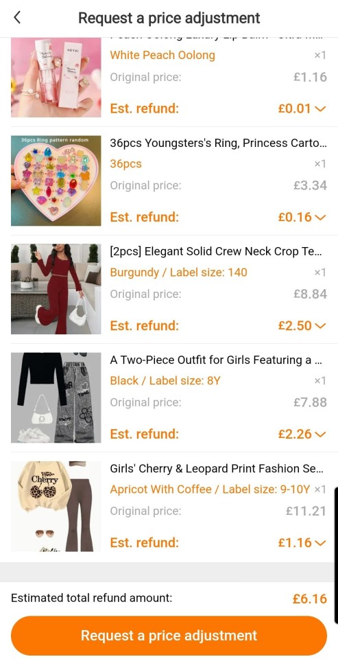 Temu price adjustment request showing estimated refunds for several items.