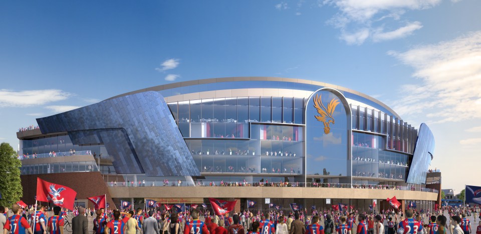 Illustration of Selhurst Park's redeveloped main stand, featuring a glass front and the Crystal Palace eagle crest.