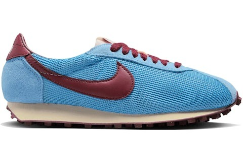 Light blue Nike shoe with maroon swoosh.