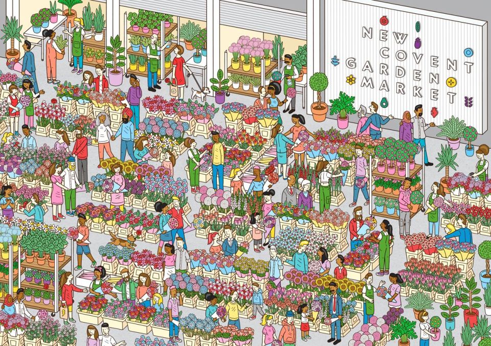 Illustration of a crowded flower market with many people buying flowers.