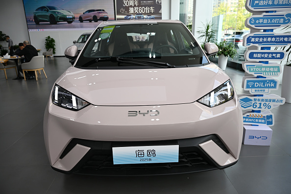 BYD Seagull electric car in a showroom.