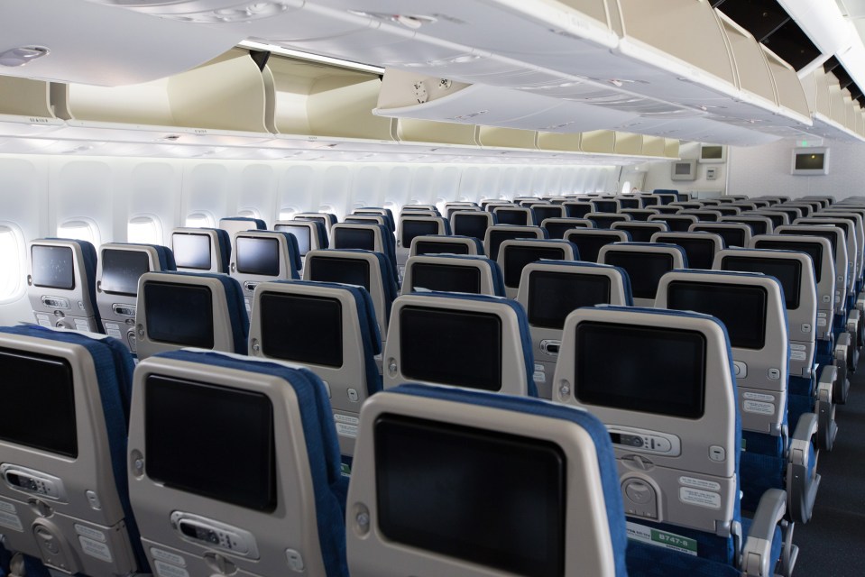 Economy class seats on a Korean Air Boeing 747-8.