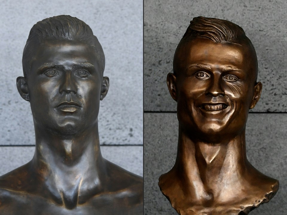 Comparison of two bronze busts of Cristiano Ronaldo.