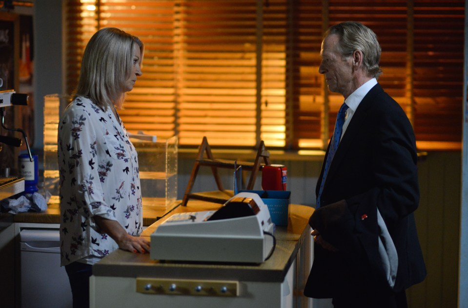 Kathy Beale and James Willmott-Brown in a scene from EastEnders.