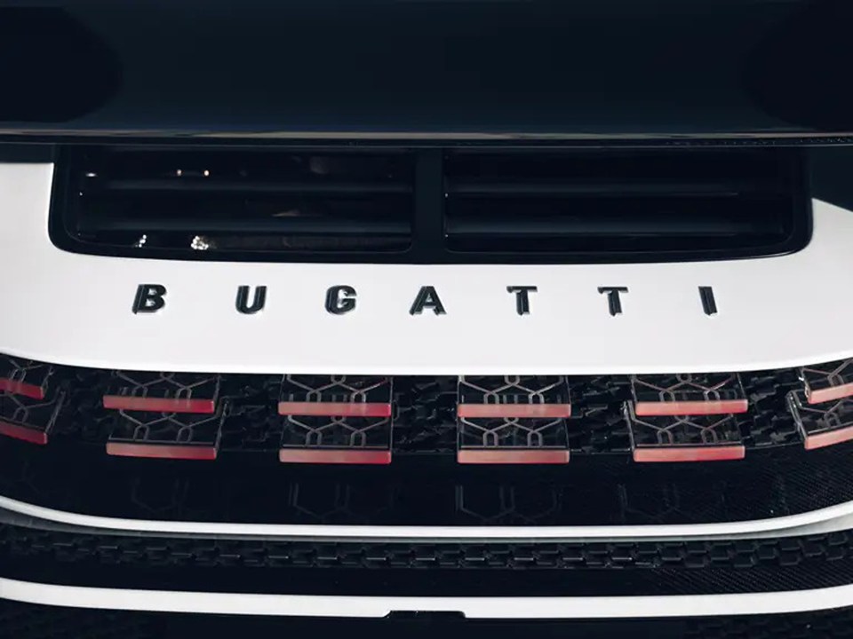 Close-up of a Bugatti Centodieci's front grille and logo.