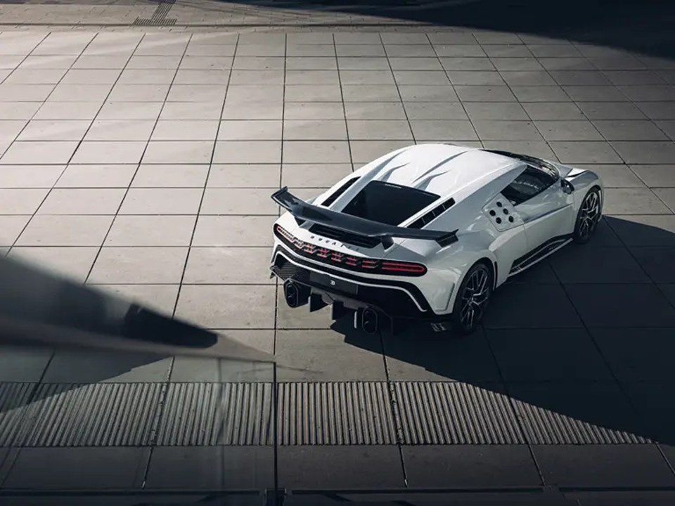 Aerial view of a white Bugatti Centodieci.