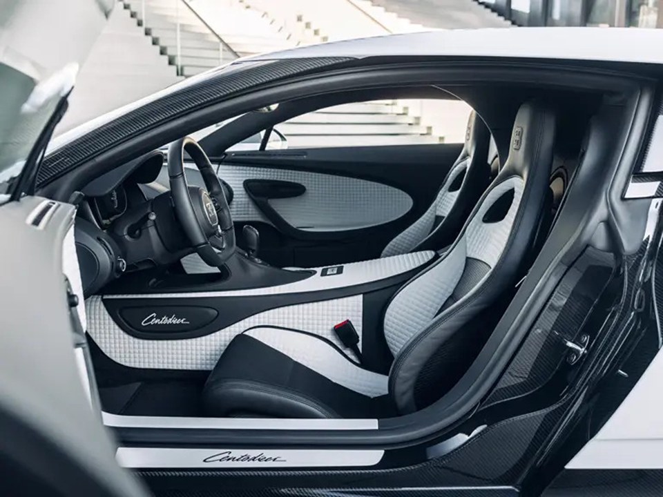 Interior of a white Bugatti Centodieci.