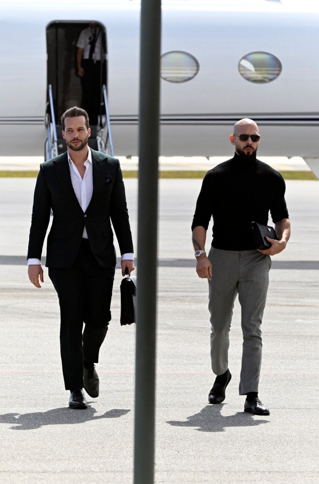 Andrew and Tristan Tate leaving a private plane after being released from Romanian custody.