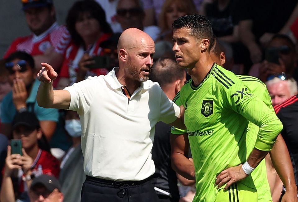 Erik ten Hag and Cristiano Ronaldo talking on a soccer field.