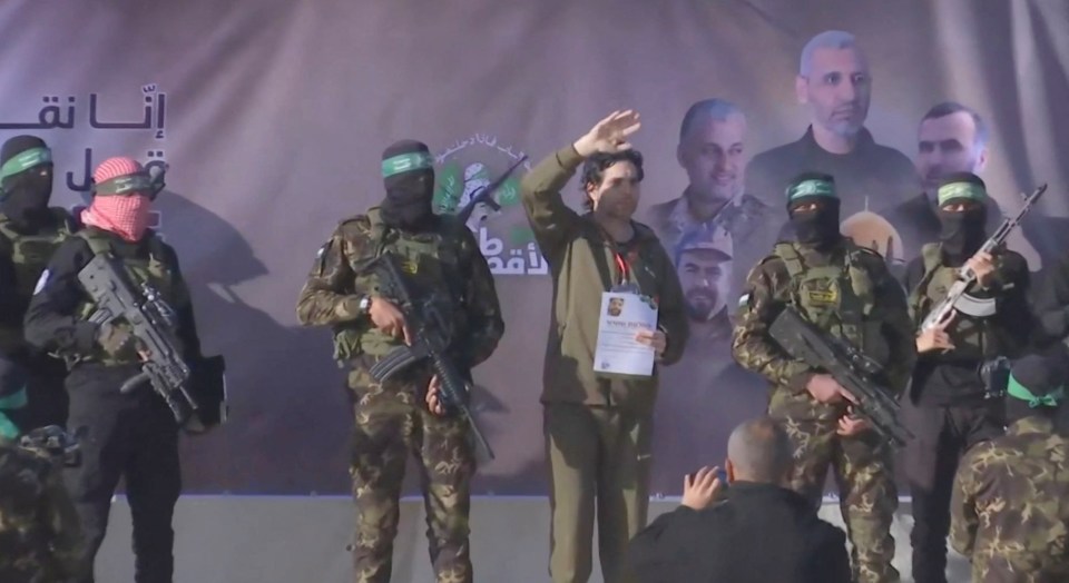 Still image from a video showing Ofer Kalderon's release by Hamas militants.