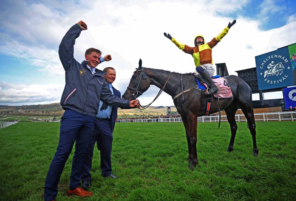 Rachael Blackmore winning a horse race at the Cheltenham Festival.