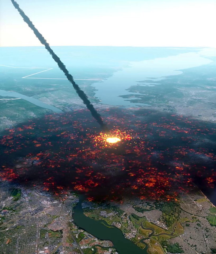 Illustration of an asteroid impacting Earth, causing widespread destruction.