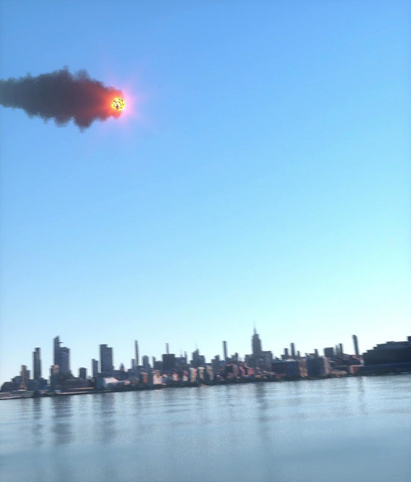 Illustration of an asteroid falling towards a city.