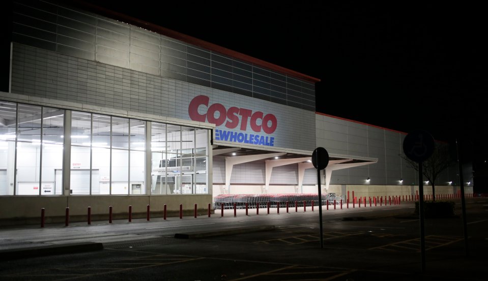 Nighttime view of a Costco Wholesale store.