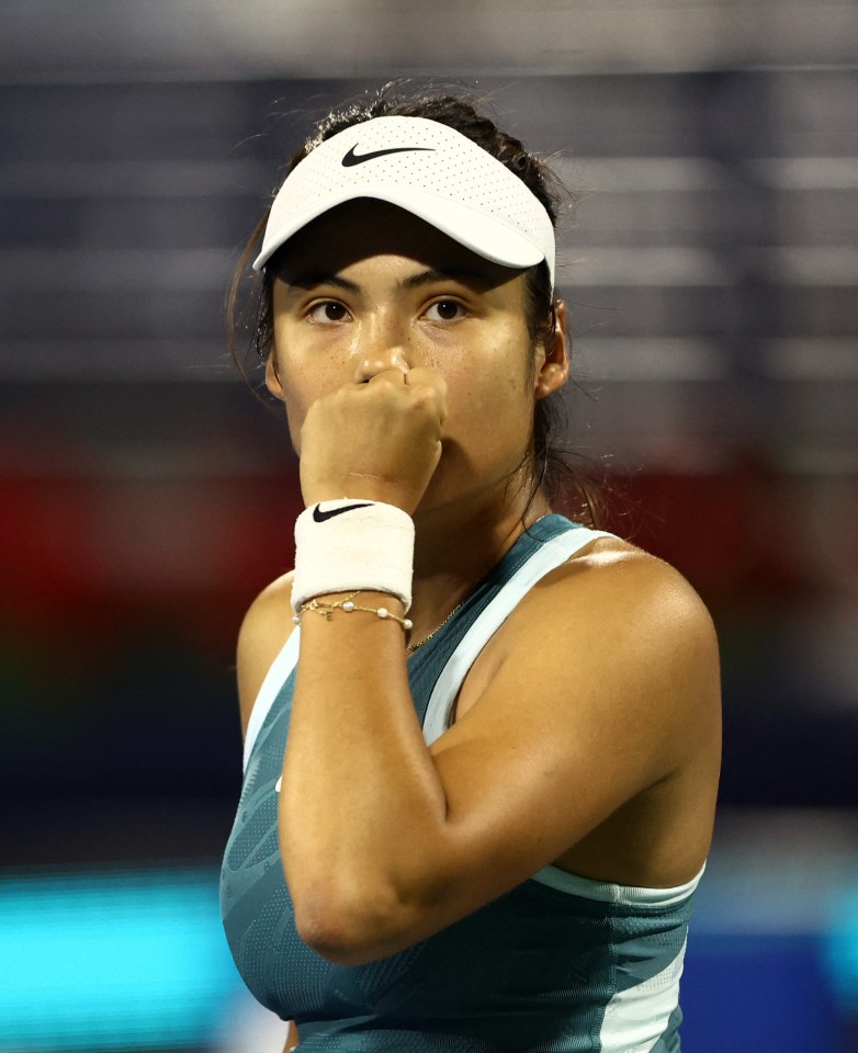 Emma Raducanu reacting during a tennis match.