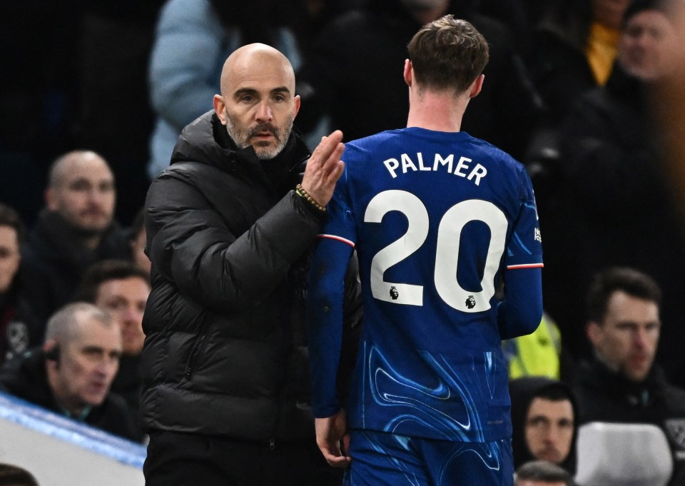 Chelsea's Cole Palmer and manager Enzo Maresca after a substitution.