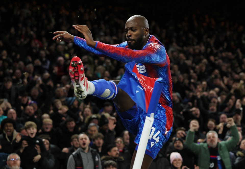 Jean-Philippe Mateta of Crystal Palace celebrates scoring a goal.