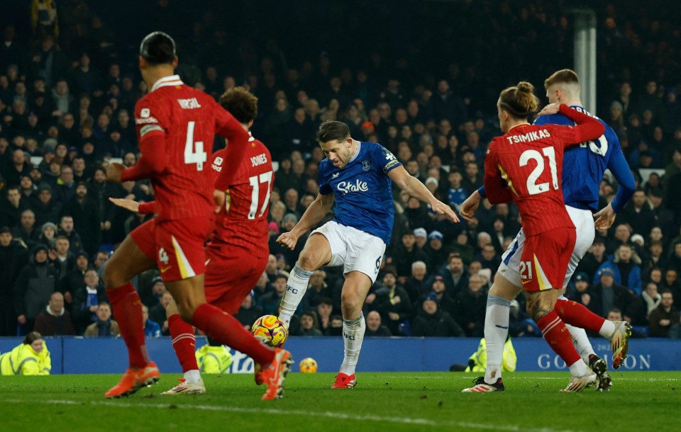 James Tarkowski scoring a goal during a soccer match.