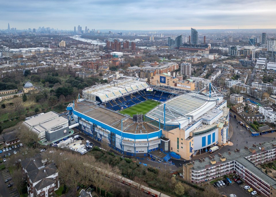 Aerial view of Stamford Bridge stadium in London.