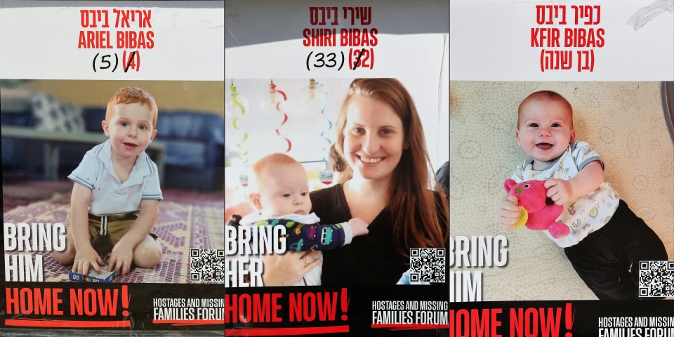 Collage of posters seeking the return of Israeli hostages Shiri Bibas and her two children.