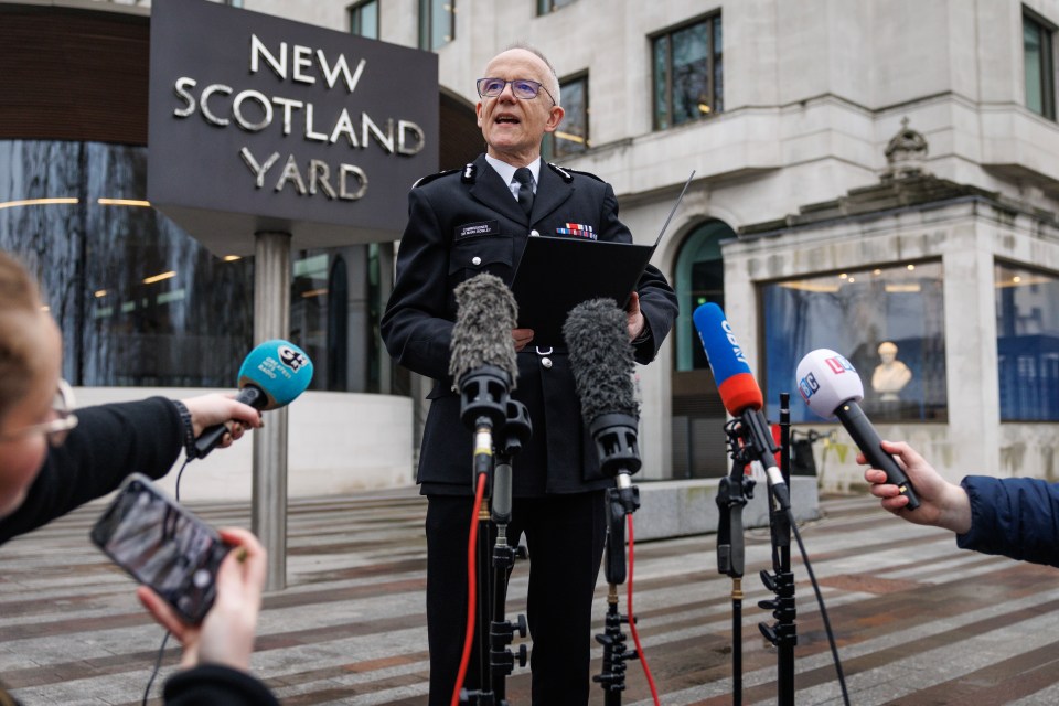 Metropolitan Police Commissioner Mark Rowley speaking to the media at New Scotland Yard.