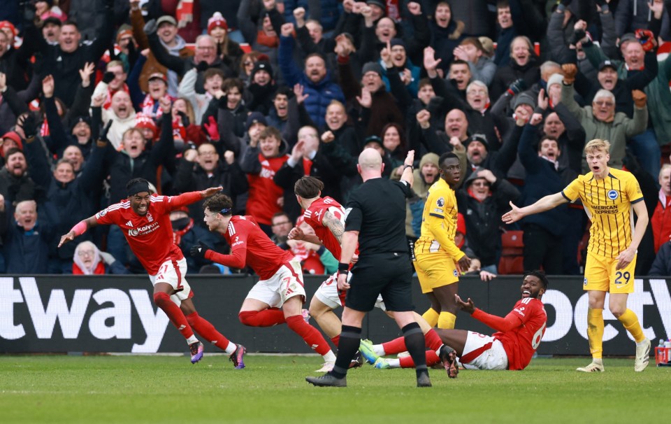 Nottingham Forest player Neco Williams celebrates scoring a goal.