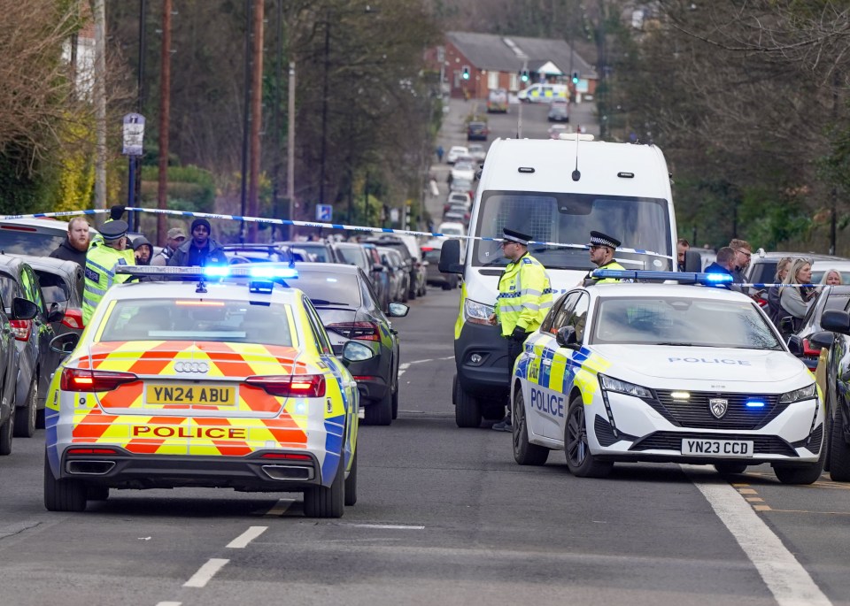 Police cars at a school crime scene.