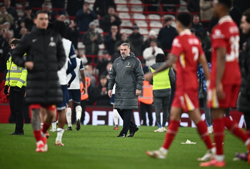 Ange Postecoglou, Tottenham Hotspur manager, looking dejected after a match.