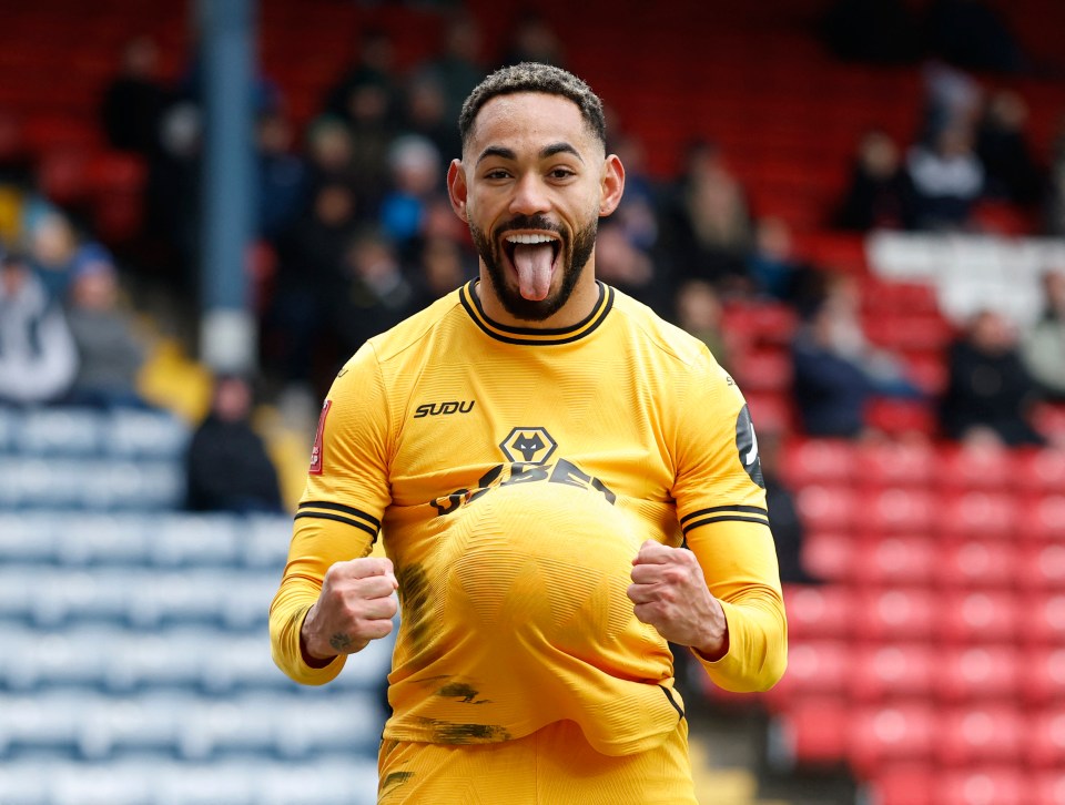 Matheus Cunha of Wolverhampton Wanderers celebrates scoring a goal.