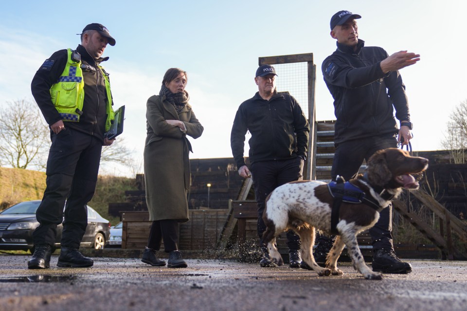 Minister Jess Phillips observing a police dog demonstration.