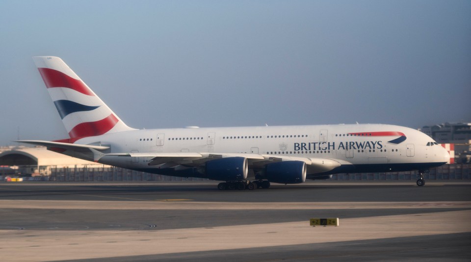 British Airways Airbus A380 taxiing at Dubai International Airport.