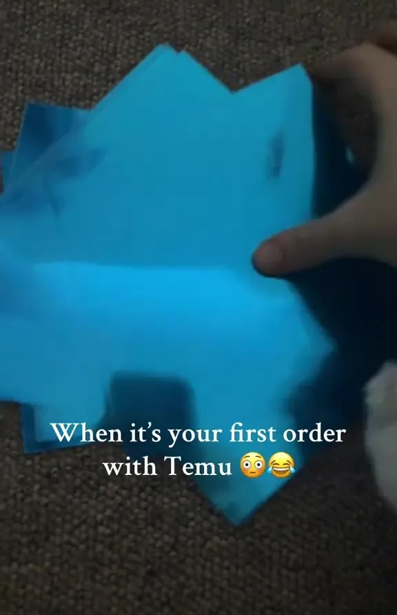 A hand holding a stack of bright blue Temu order items.