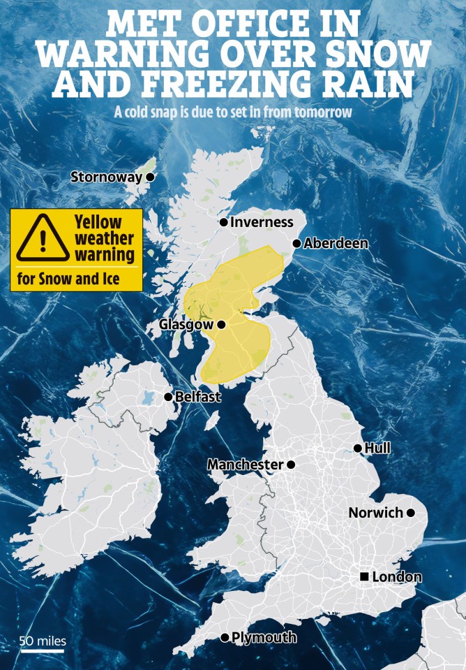 Weather map showing yellow warning for snow and ice in northern Scotland.