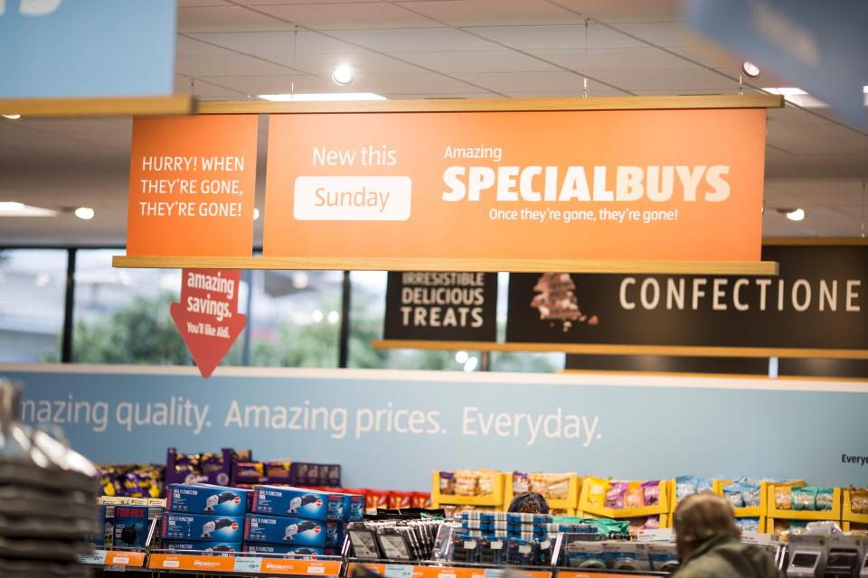 Aldi supermarket Specialbuys signage.