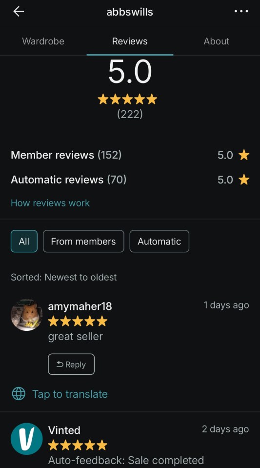 Vinted seller's 5.0 star rating with 222 reviews.