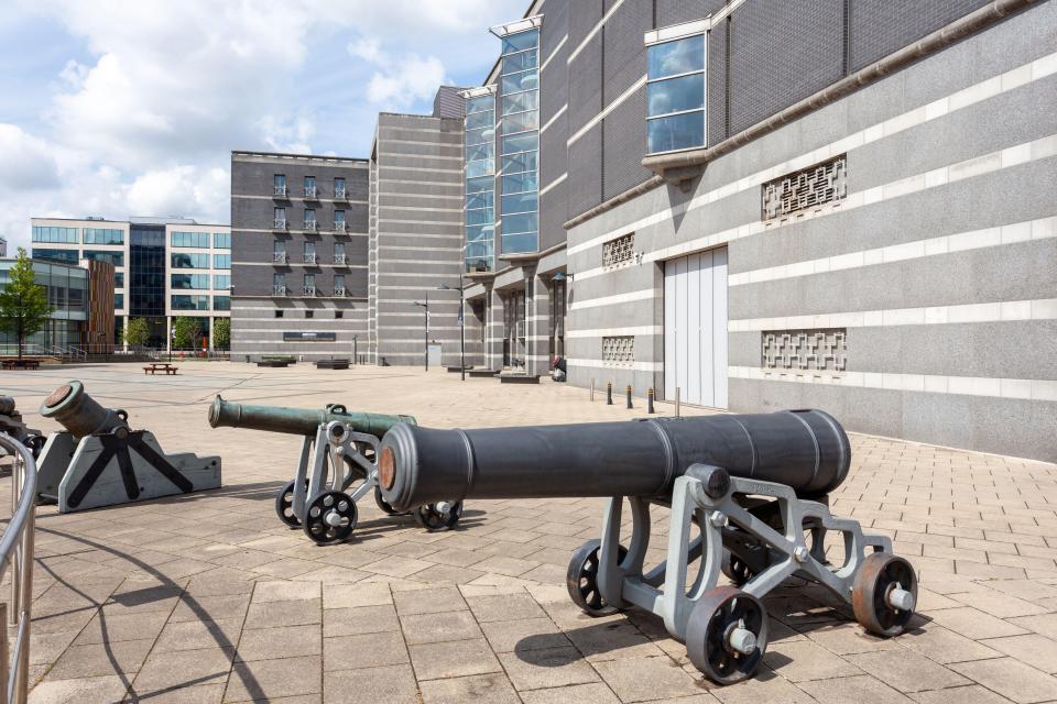 Historic cannons displayed outside the Royal Armouries Museum.