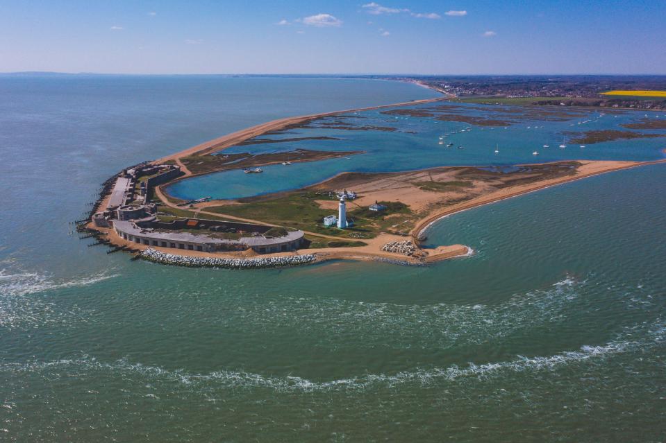 Aerial view of Hurst Castle and lighthouse in Hampshire, England.