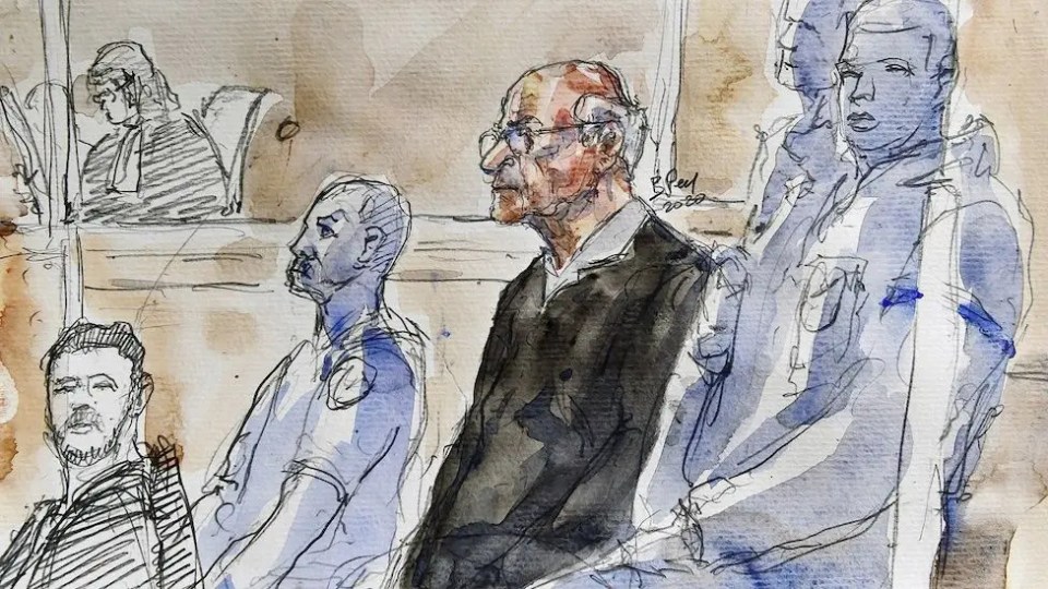 Illustration of a courtroom sketch showing a defendant and others.